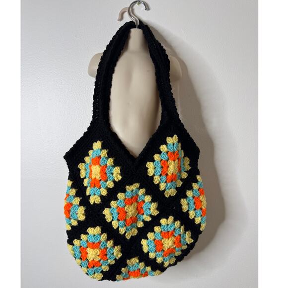 Handmade Granny Square Crochet Shoulder Bag Black Yellow Orange Retro Tote Y2K - Picture 4 of 5
